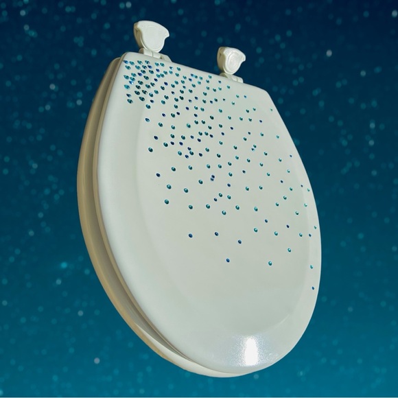 NEW Toilet Seat Round Blue Rhinestone Embellished Lid - Picture 2 of 7